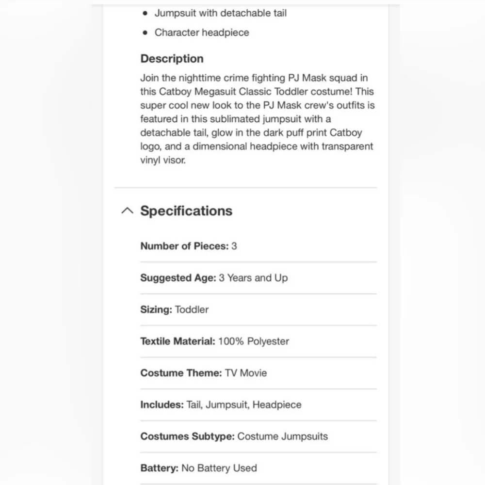 NWT PJ Masks Catboy Classic Halloween Costume Jumpsuit with Headpiece 3-4T New - Picture 8 of 8